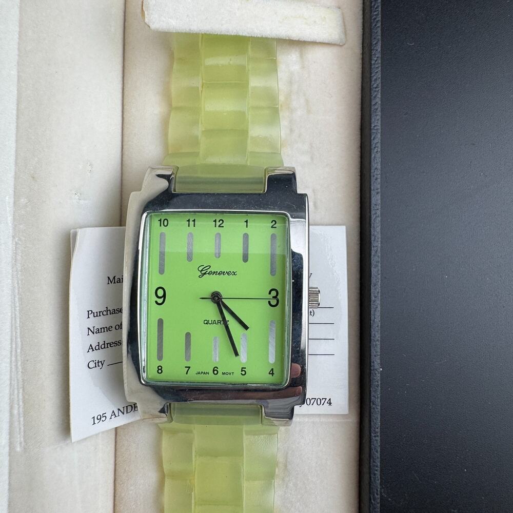 Genevex Watch, Lime Green Dial, Jelly Band, Quartz, Box